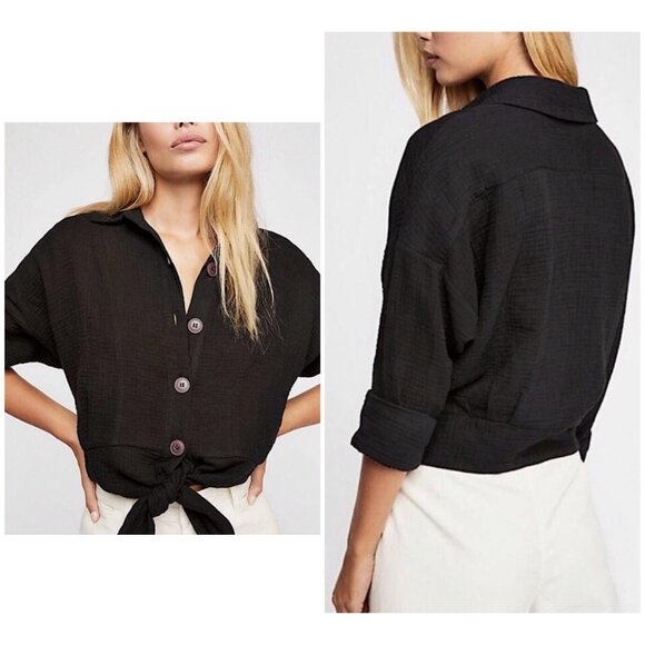 Free People Tie Front Button Down Blouse Large Black Gauze Long Sleeve Dark Boho - Picture 2 of 15